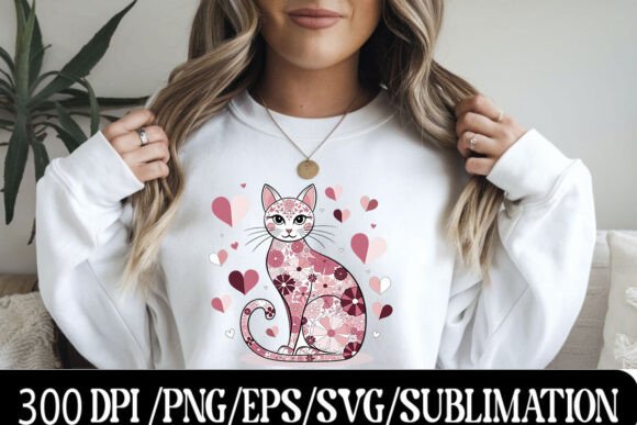 Download Floral Cat Design with Heart Accents - Heart Collection
