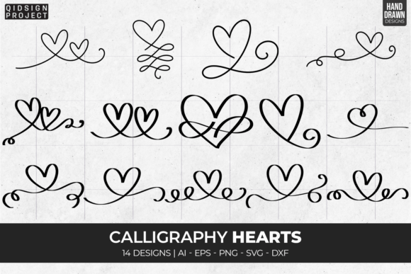 Download 14 Calligraphy Hearts, Hand Drawn Heart - Heart Collection
